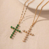 Simulated Pearl Green Stone Cross Pendant Necklace
