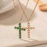 Simulated Pearl Green Stone Cross Pendant Necklace