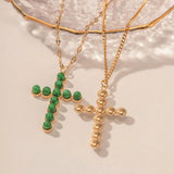 Simulated Pearl Green Stone Cross Pendant Necklace