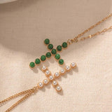 Simulated Pearl Green Stone Cross Pendant Necklace