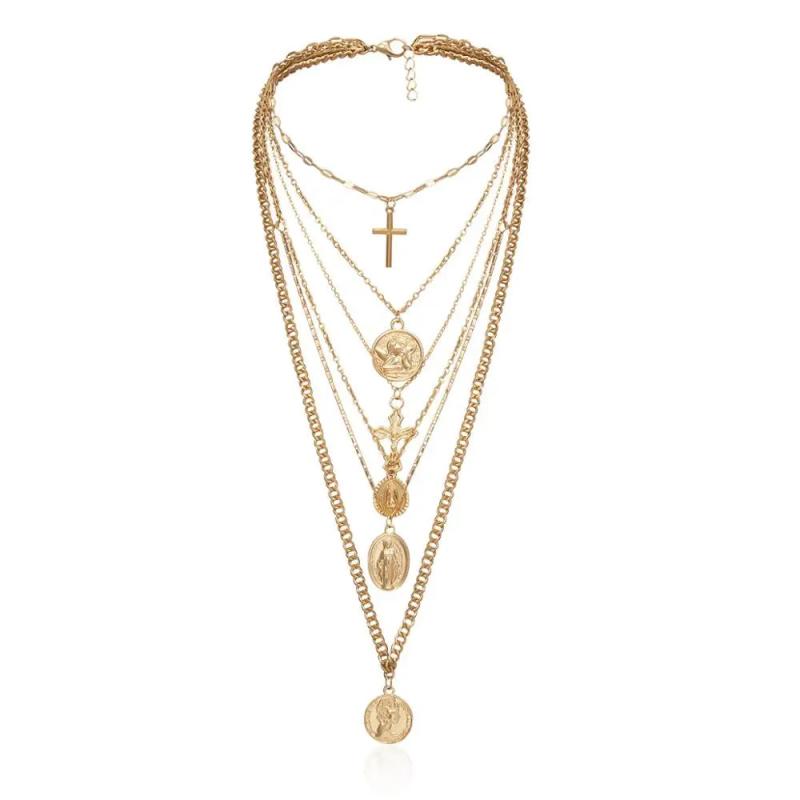 Layer Carved Coin Angel Pendant Choker Necklace Gothic Virgin Mary Cross