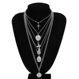 Layer Carved Coin Angel Pendant Choker Necklace Gothic Virgin Mary Cross