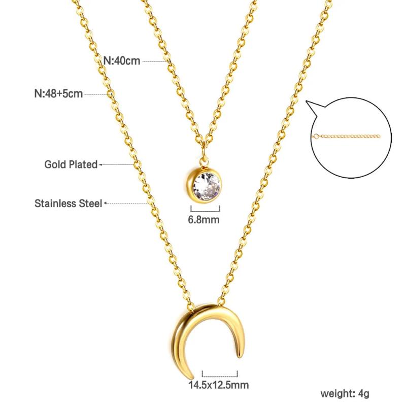 Double Layer Chain CZ Crystal Moon Pendant Necklace