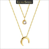 Double Layer Chain CZ Crystal Moon Pendant Necklace