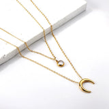 Double Layer Chain CZ Crystal Moon Pendant Necklace