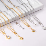Double Layer Chain CZ Crystal Moon Pendant Necklace