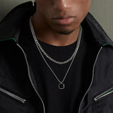 Mens Geometric Enamel Necklace, Stainless Steel Double Chain Collar