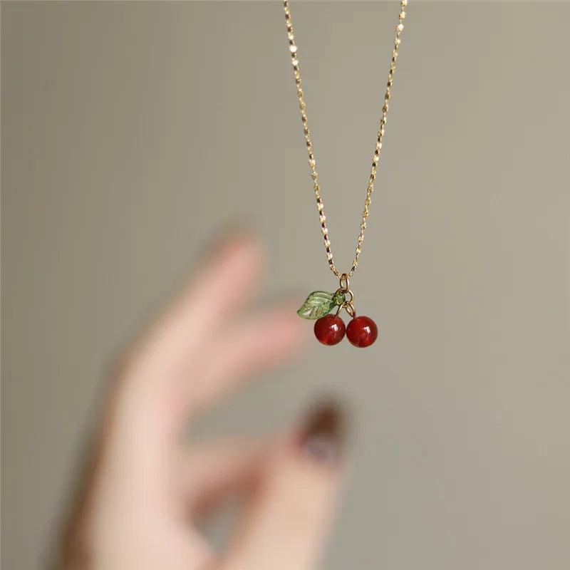 Carnelian Cherry Pendant Necklace 18k Plated Gypsophila Clavicle Chain