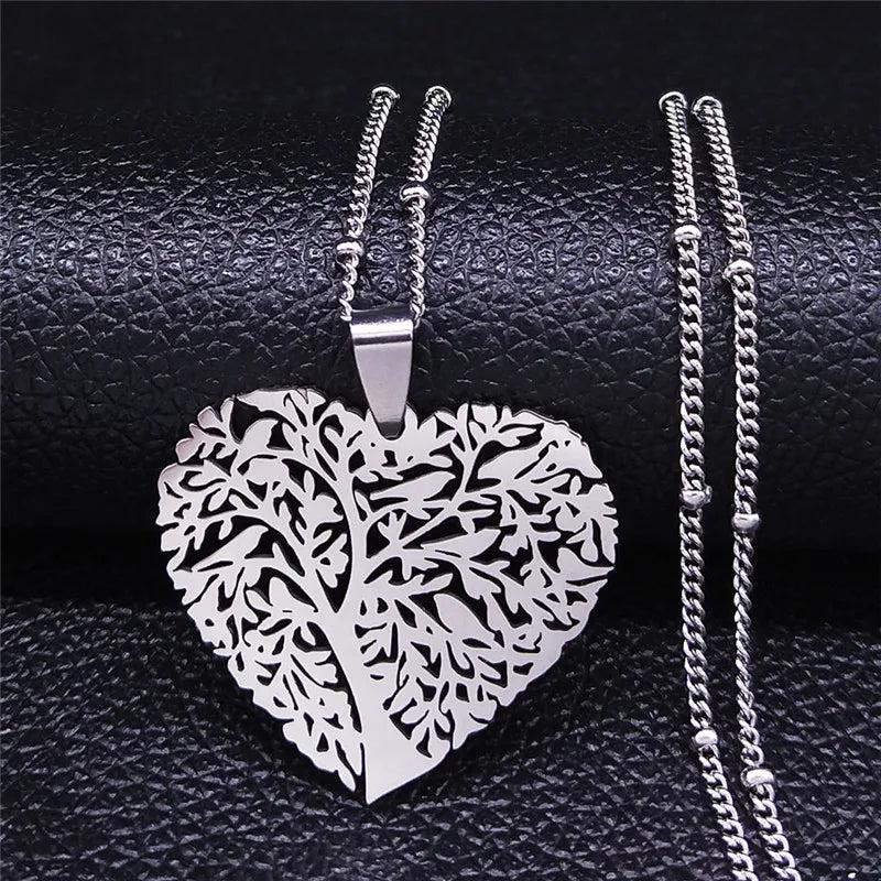 Love Heart Bird Tree of Life Necklace Stainless Steel Silver Chain