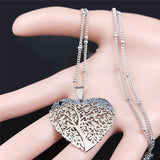 Love Heart Bird Tree of Life Necklace Stainless Steel Silver Chain