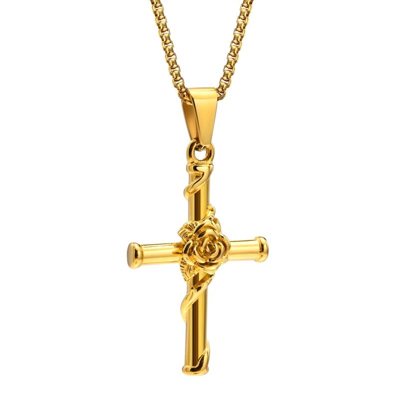 Rose Cross Necklace Stainless Steel Box Chain Unisex Jesus Faith Collar