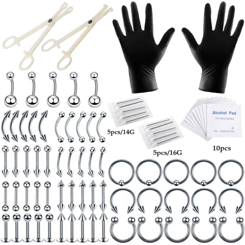 84PCS Body Piercing Kit Ear Nose Eyebrow Plier Clamp Steel Needles Tool Set