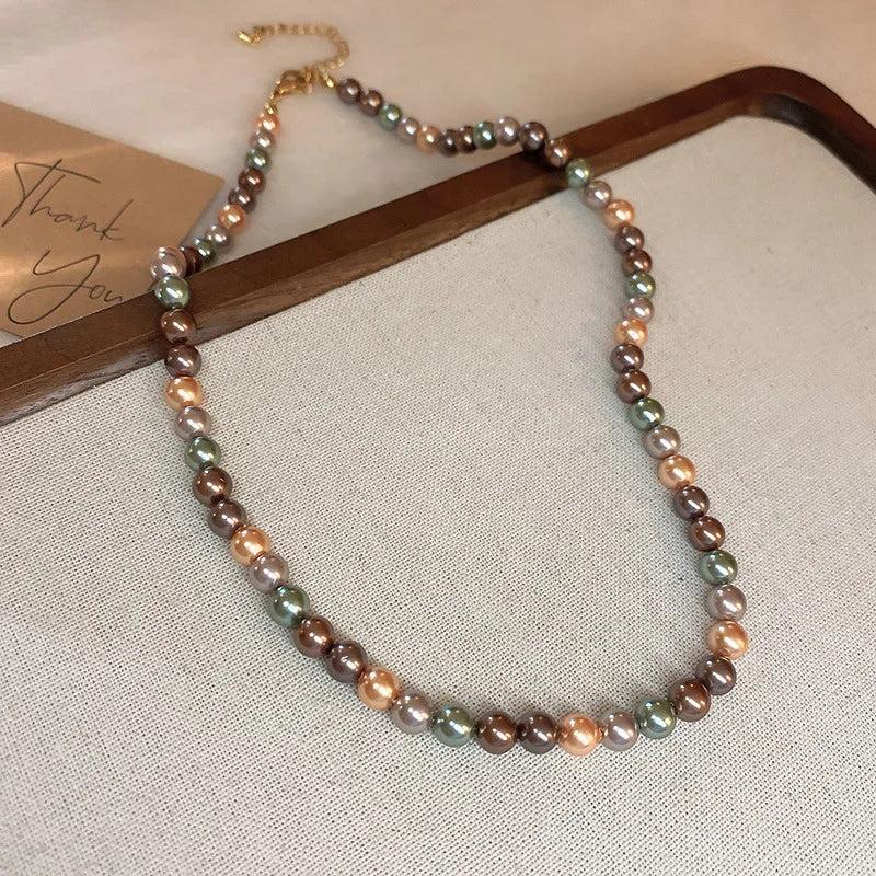 Colorful Pearl Choker Necklace French Sweater Chain Retro Accessories