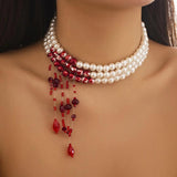 Goth Multilayer Red Blood Pearl Choker Statement Necklace For Women