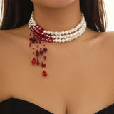 Goth Multilayer Red Blood Pearl Choker Statement Necklace For Women