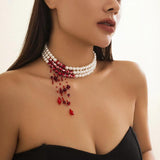 Goth Multilayer Red Blood Pearl Choker Statement Necklace For Women