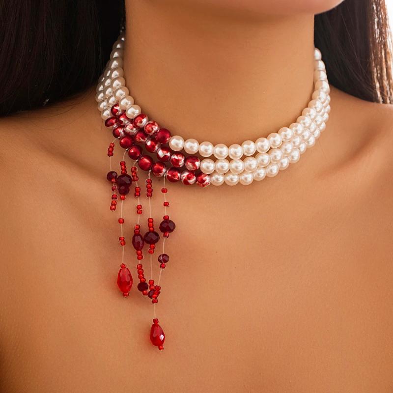 Multilayer Pearl Necklace Gothic Drop Crystal Tassel Choker Halloween Jewelry