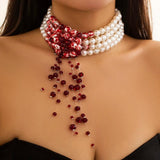 Multilayer Pearl Necklace Gothic Drop Crystal Tassel Choker Halloween Jewelry