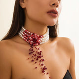 Multilayer Pearl Necklace Gothic Drop Crystal Tassel Choker Halloween Jewelry