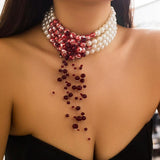 Multilayer Pearl Necklace Gothic Drop Crystal Tassel Choker Halloween Jewelry