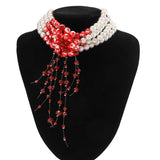 Multilayer Pearl Necklace Gothic Drop Crystal Tassel Choker Halloween Jewelry