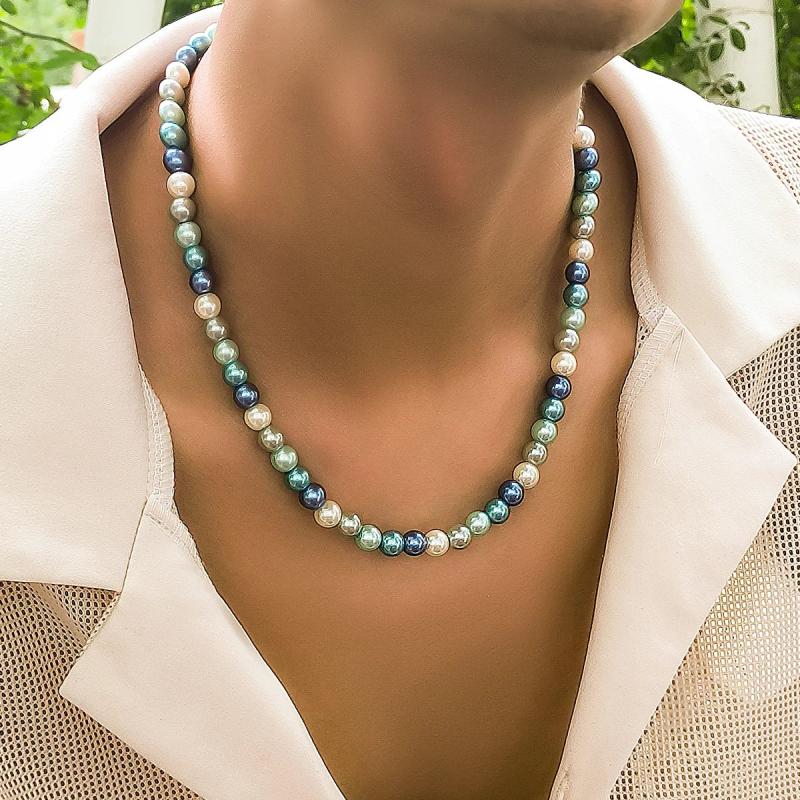 Multicolor Pearl Beads Short Choker Necklace Men Beaded Chains Collar