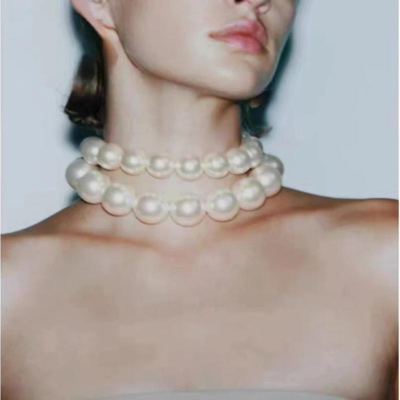 Vintage Big Pearl Beads Chain Double Layer Choker Necklace