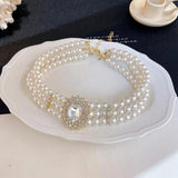 Vintage Style Multilayer Pearl Choker Geometric Rhinestone Necklace For Women
