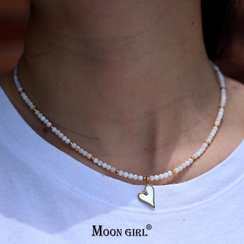 Heart Choker Shell Beads Stainless Necklace for Women