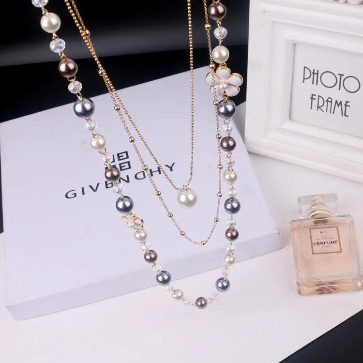 Long Pearl Necklace Double Layer Pendant