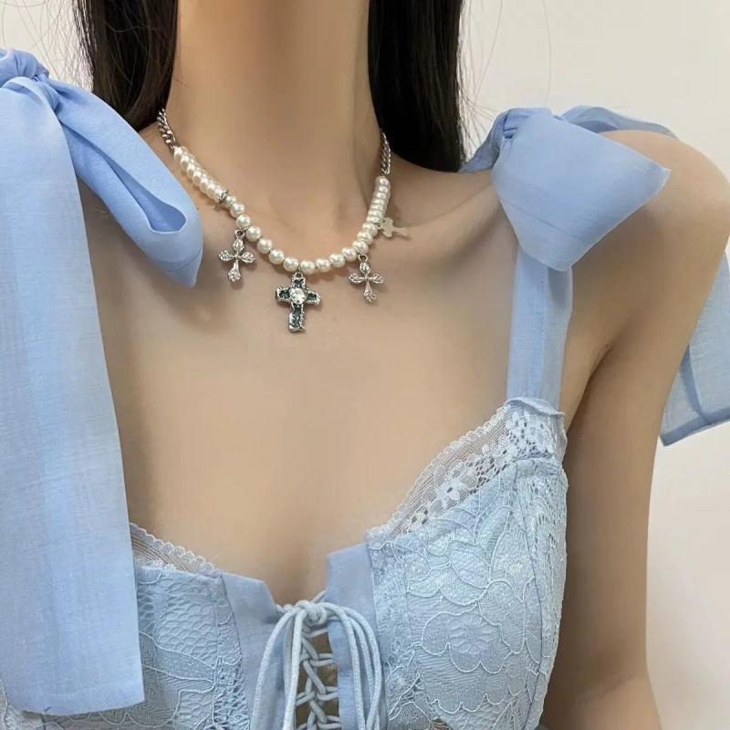 Wind Hip Hop Retro Pearl Necklace Christian Cross Clavicle Chain