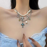 Wind Hip Hop Retro Pearl Necklace Christian Cross Clavicle Chain