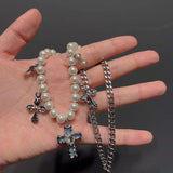 Wind Hip Hop Retro Pearl Necklace Christian Cross Clavicle Chain