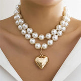 Boho Heart Pendant Double Layered Pearl Locket Necklace