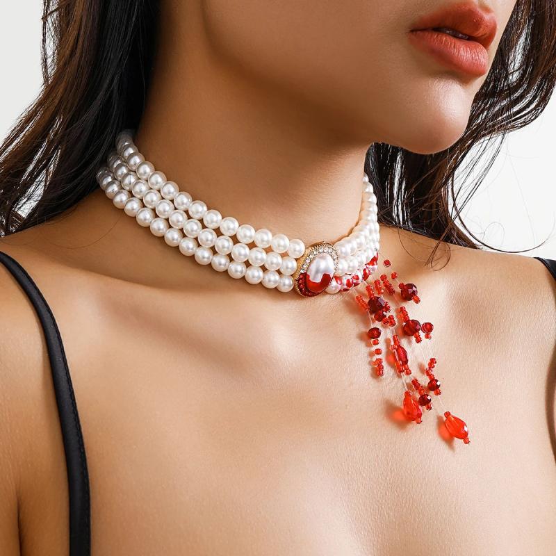 Harajuku Red Crystal Bead Choker Gothic Pearl Necklace
