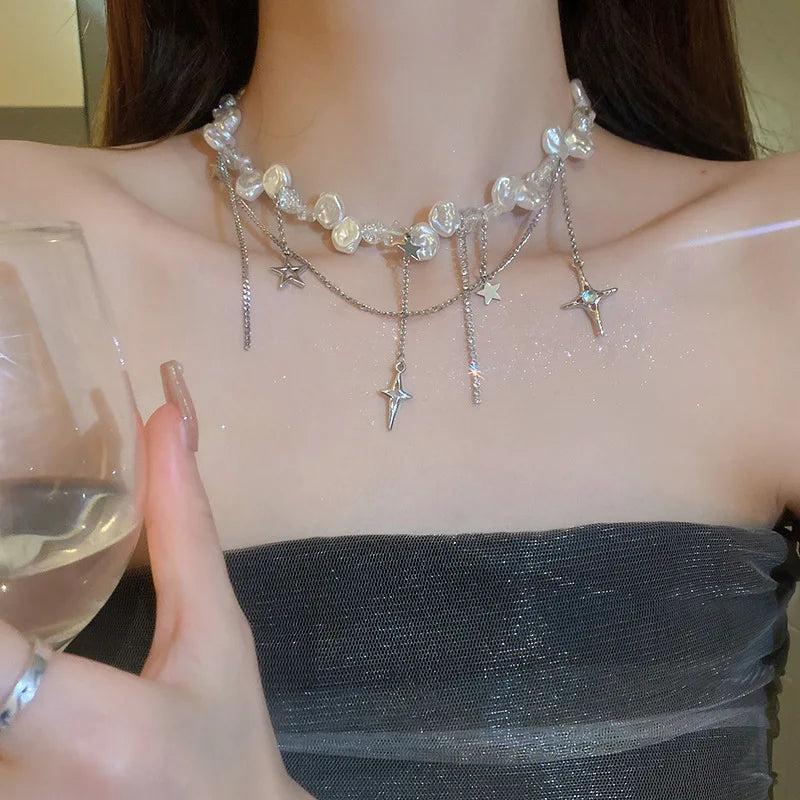 Irregular Pearl Rhinestone Cross Star Pentagram Tassel Necklace for Women