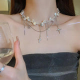 Irregular Pearl Rhinestone Cross Star Pentagram Tassel Necklace for Women