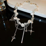 Irregular Pearl Rhinestone Cross Star Pentagram Tassel Necklace for Women
