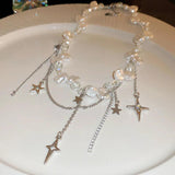 Irregular Pearl Rhinestone Cross Star Pentagram Tassel Necklace for Women