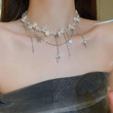 Irregular Pearl Rhinestone Cross Star Pentagram Tassel Necklace for Women