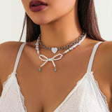 Y2K Pearl Chain Bow Pendant Clavicle Necklace Punk Metal Choker
