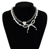 Y2K Pearl Chain Bow Pendant Clavicle Necklace Punk Metal Choker