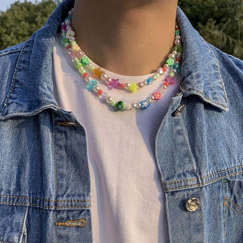 Boho Colorful Beaded Choker Necklaces Men Rainbow Flower Pearl Beads Chains Shor