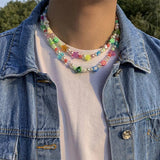 Boho Colorful Beaded Choker Necklaces Men Rainbow Flower Pearl Beads Chains Shor
