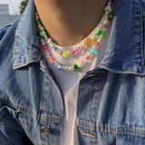 Boho Colorful Beaded Choker Necklaces Men Rainbow Flower Pearl Beads Chains Shor