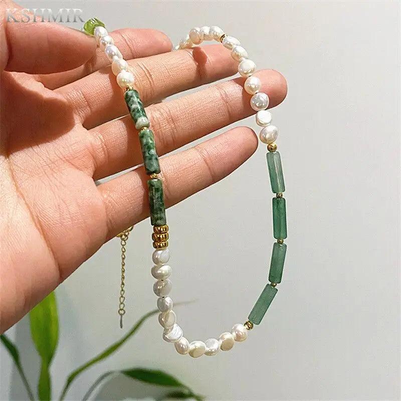 Green Jade Pearl Necklace - Delicate Clavicle Chain