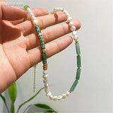 Green Jade Pearl Necklace - Delicate Clavicle Chain