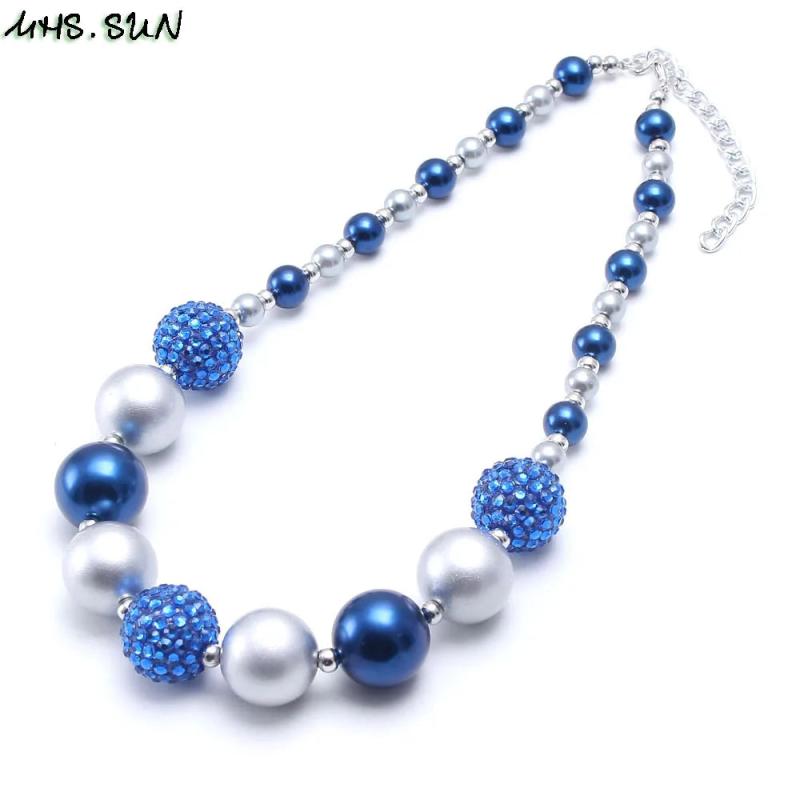 Boys Chunky Beads Necklace Blue+Gray Pearls Child Kids Chunky Necklace