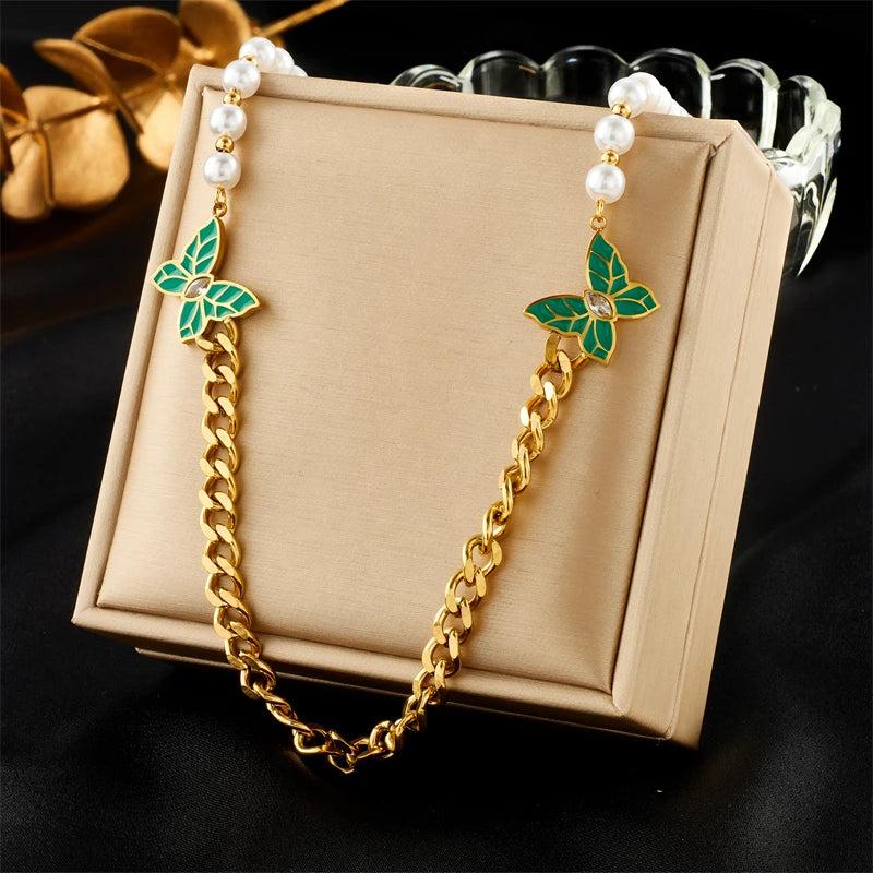316L Stainless Steel Green Butterfly Pearl Necklace For Women Girl Choker Chain