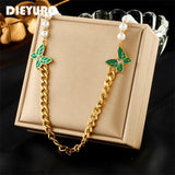 316L Stainless Steel Green Butterfly Pearl Necklace For Women Girl Choker Chain